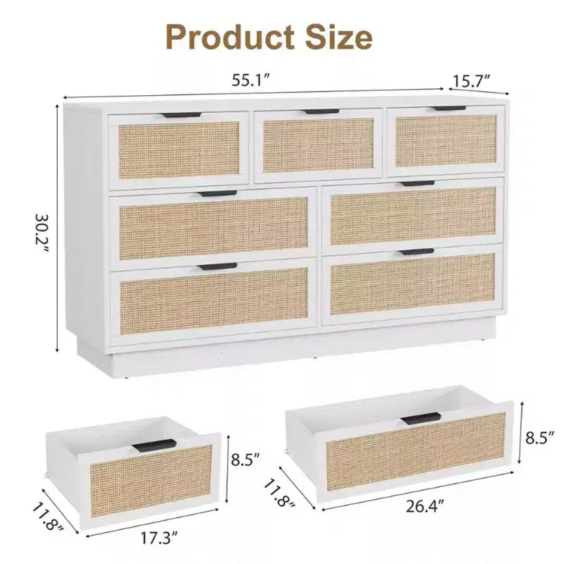 Commode en rotin à 7 tiroirs, 140 cm de large, avec poignées en métal et base en bois robuste pour chambre à coucher, salon, chambre d'enfant