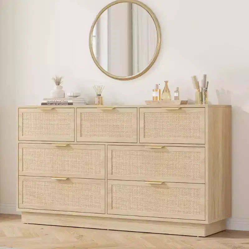 Commode en rotin à 7 tiroirs, 140 cm de large, avec poignées en métal et base en bois robuste pour chambre à coucher, salon, chambre d'enfant