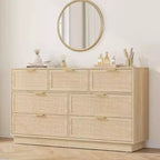 Commode en rotin à 7 tiroirs, 140 cm de large, avec poignées en métal et base en bois robuste pour chambre à coucher, salon, chambre d'enfant