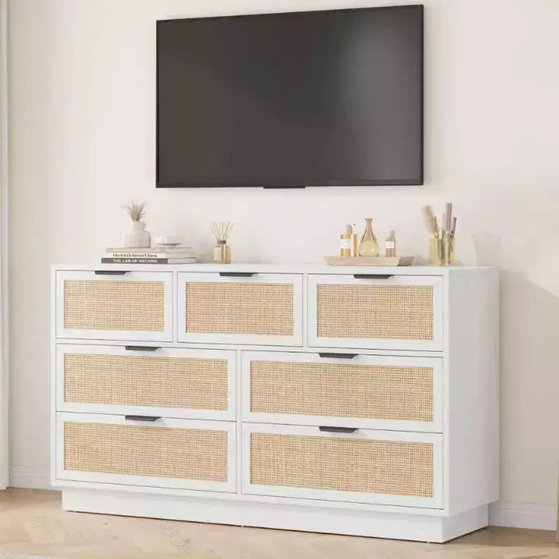 Commode en rotin à 7 tiroirs, 140 cm de large, avec poignées en métal et base en bois robuste pour chambre à coucher, salon, chambre d'enfant