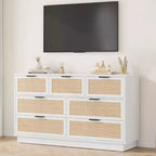 Commode en rotin à 7 tiroirs, 140 cm de large, avec poignées en métal et base en bois robuste pour chambre à coucher, salon, chambre d'enfant