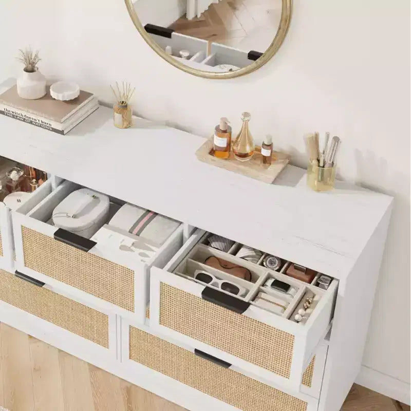 Commode en rotin à 7 tiroirs, 140 cm de large, avec poignées en métal et base en bois robuste pour chambre à coucher, salon, chambre d'enfant