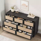 Commode en rotin à 7 tiroirs, 140 cm de large, avec poignées en métal et base en bois robuste pour chambre à coucher, salon, chambre d'enfant
