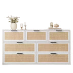Rattan 7 Drawer Dresser, 55in Wide 7 Chest of Drawers with Metal Handles and Wooden Sturdy Base for Bedroom Living Room Nursery