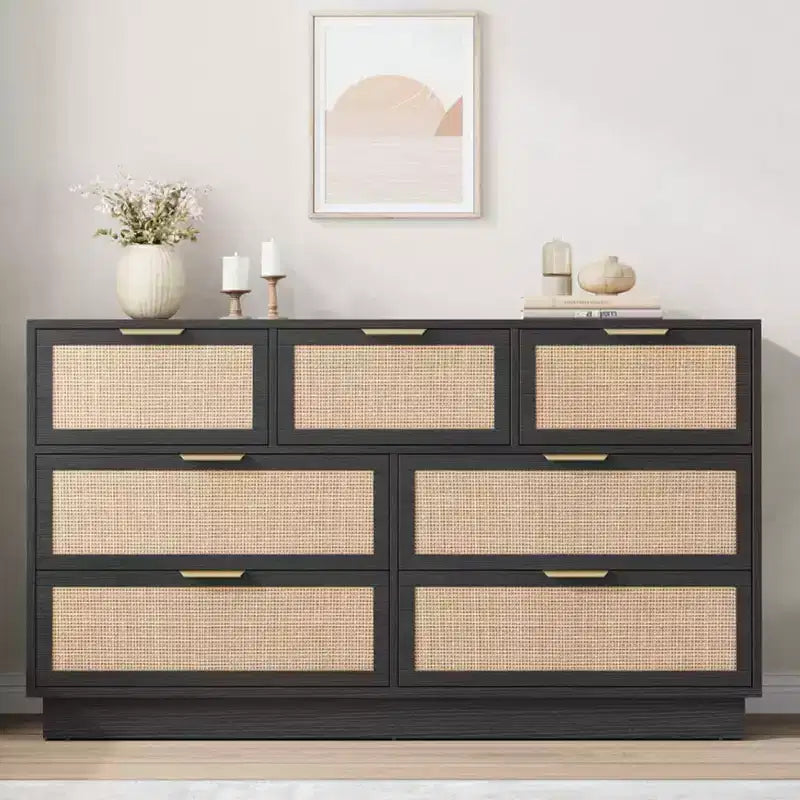 Commode en rotin à 7 tiroirs, 140 cm de large, avec poignées en métal et base en bois robuste pour chambre à coucher, salon, chambre d'enfant