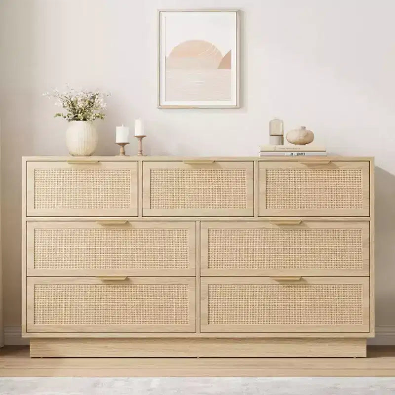 Commode en rotin à 7 tiroirs, 140 cm de large, avec poignées en métal et base en bois robuste pour chambre à coucher, salon, chambre d'enfant