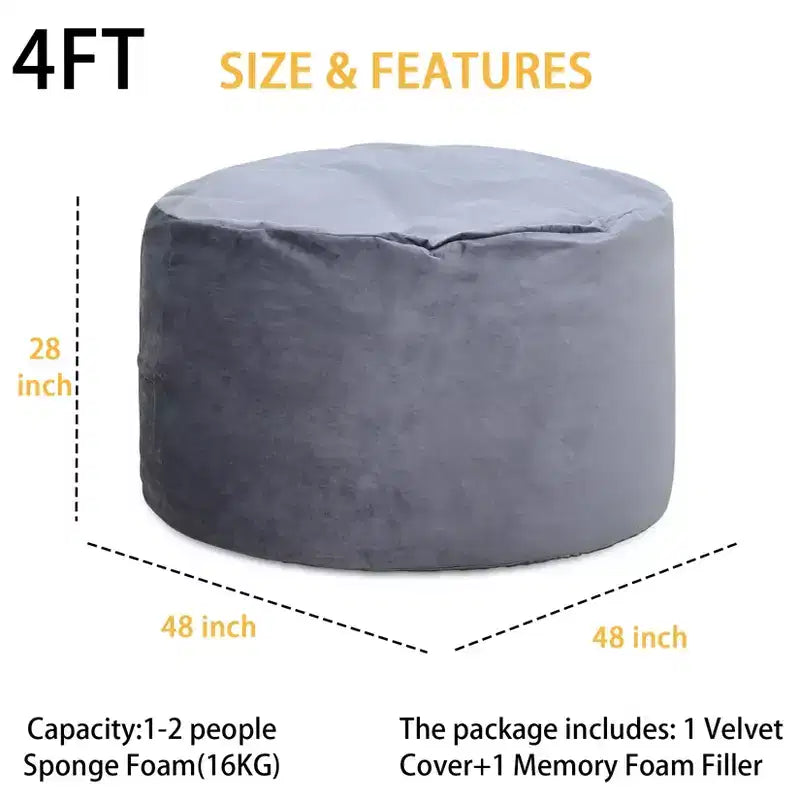 Grand pouf de 4 pieds pour adultes/adolescents avec remplissage en mousse déchiquetée, canapé pouf confortable avec remplissage inclus, poufs en tissu velours doux, 4 pieds