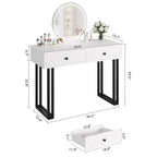 Coiffeuse double tiroir avec miroir rond - Coiffeuse de style moderne avec éclairage, cadre en fer robuste, construction en MDF, deux tiroirs spacieux