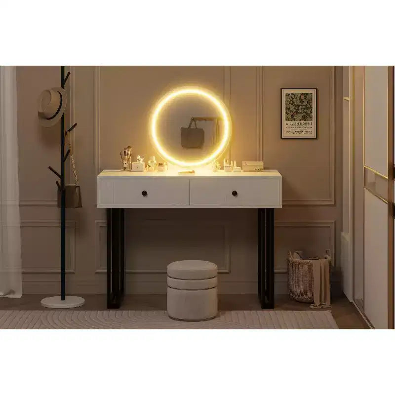 Coiffeuse double tiroir avec miroir rond - Coiffeuse de style moderne avec éclairage, cadre en fer robuste, construction en MDF, deux tiroirs spacieux