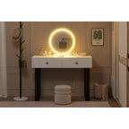 Coiffeuse double tiroir avec miroir rond - Coiffeuse de style moderne avec éclairage, cadre en fer robuste, construction en MDF, deux tiroirs spacieux