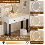 Coiffeuse double tiroir avec miroir rond - Coiffeuse de style moderne avec éclairage, cadre en fer robuste, construction en MDF, deux tiroirs spacieux
