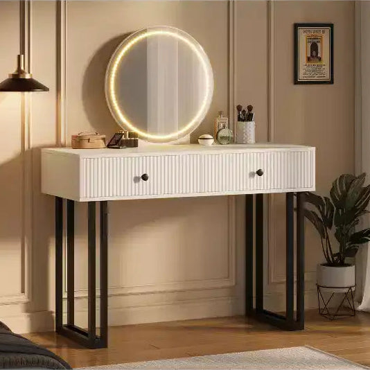 Coiffeuse double tiroir avec miroir rond - Coiffeuse de style moderne avec éclairage, cadre en fer robuste, construction en MDF, deux tiroirs spacieux