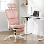 Chaise de bureau en maille rose avec repose-pieds, accoudoirs réglables, support lombaire et appui-tête, roulettes silencieuses à 360°