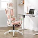 Chaise de bureau en maille rose avec repose-pieds, accoudoirs réglables, support lombaire et appui-tête, roulettes silencieuses à 360°