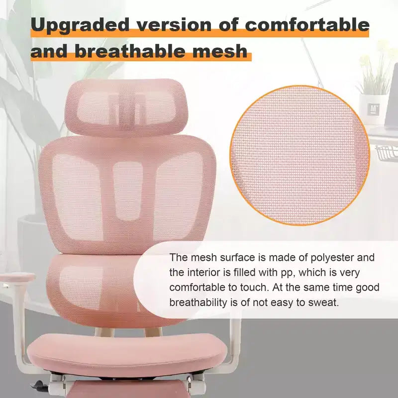 Chaise de bureau en maille rose avec repose-pieds, accoudoirs réglables, support lombaire et appui-tête, roulettes silencieuses à 360°