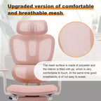 Chaise de bureau en maille rose avec repose-pieds, accoudoirs réglables, support lombaire et appui-tête, roulettes silencieuses à 360°