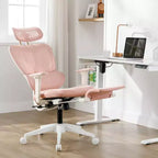 Chaise de bureau en maille rose avec repose-pieds, accoudoirs réglables, support lombaire et appui-tête, roulettes silencieuses à 360°