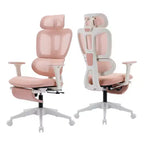 Chaise de bureau en maille rose avec repose-pieds, accoudoirs réglables, support lombaire et appui-tête, roulettes silencieuses à 360°