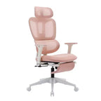 Chaise de bureau en maille rose avec repose-pieds, accoudoirs réglables, support lombaire et appui-tête, roulettes silencieuses à 360°