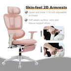 Chaise de bureau en maille rose avec repose-pieds, accoudoirs réglables, support lombaire et appui-tête, roulettes silencieuses à 360°