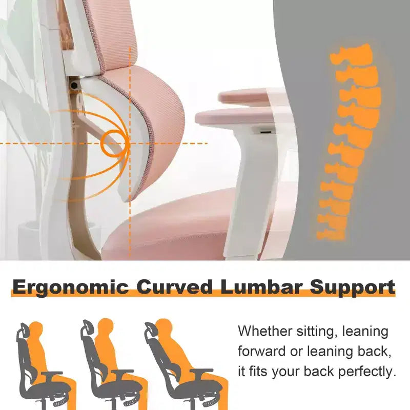 Chaise de bureau en maille rose avec repose-pieds, accoudoirs réglables, support lombaire et appui-tête, roulettes silencieuses à 360°
