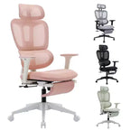 Chaise de bureau en maille rose avec repose-pieds, accoudoirs réglables, support lombaire et appui-tête, roulettes silencieuses à 360°