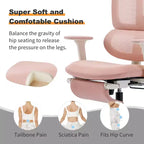 Chaise de bureau en maille rose avec repose-pieds, accoudoirs réglables, support lombaire et appui-tête, roulettes silencieuses à 360°