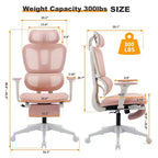 Chaise de bureau en maille rose avec repose-pieds, accoudoirs réglables, support lombaire et appui-tête, roulettes silencieuses à 360°