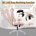 Chaise de bureau en maille rose avec repose-pieds, accoudoirs réglables, support lombaire et appui-tête, roulettes silencieuses à 360°