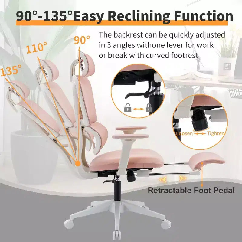 Chaise de bureau en maille rose avec repose-pieds, accoudoirs réglables, support lombaire et appui-tête, roulettes silencieuses à 360°