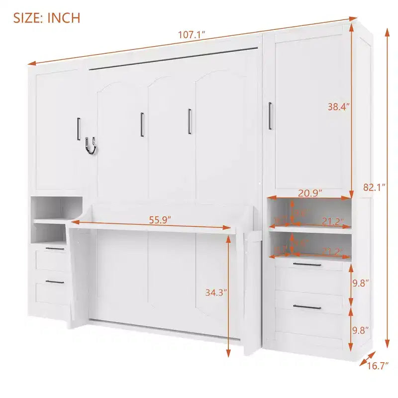 Lit mural escamotable complet Murphy avec placard, lit armoire pleine grandeur pliant avec tiroirs de rangement et étagères pour chambre d'amis/bureau