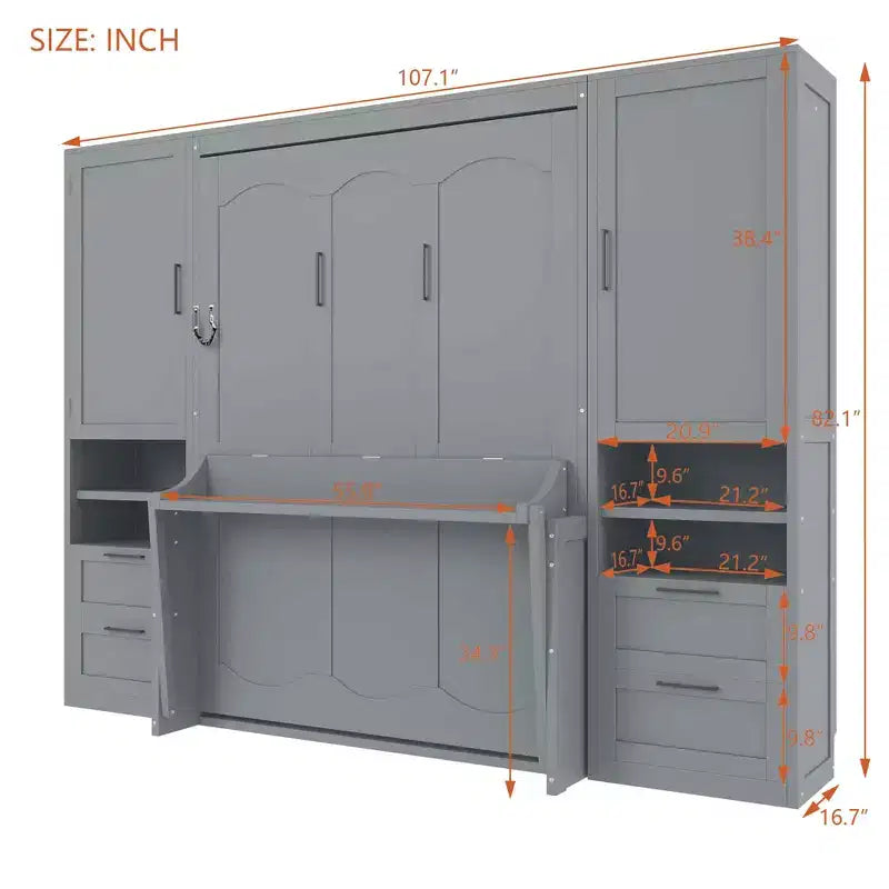 Lit mural escamotable complet Murphy avec placard, lit armoire pleine grandeur pliant avec tiroirs de rangement et étagères pour chambre d'amis/bureau