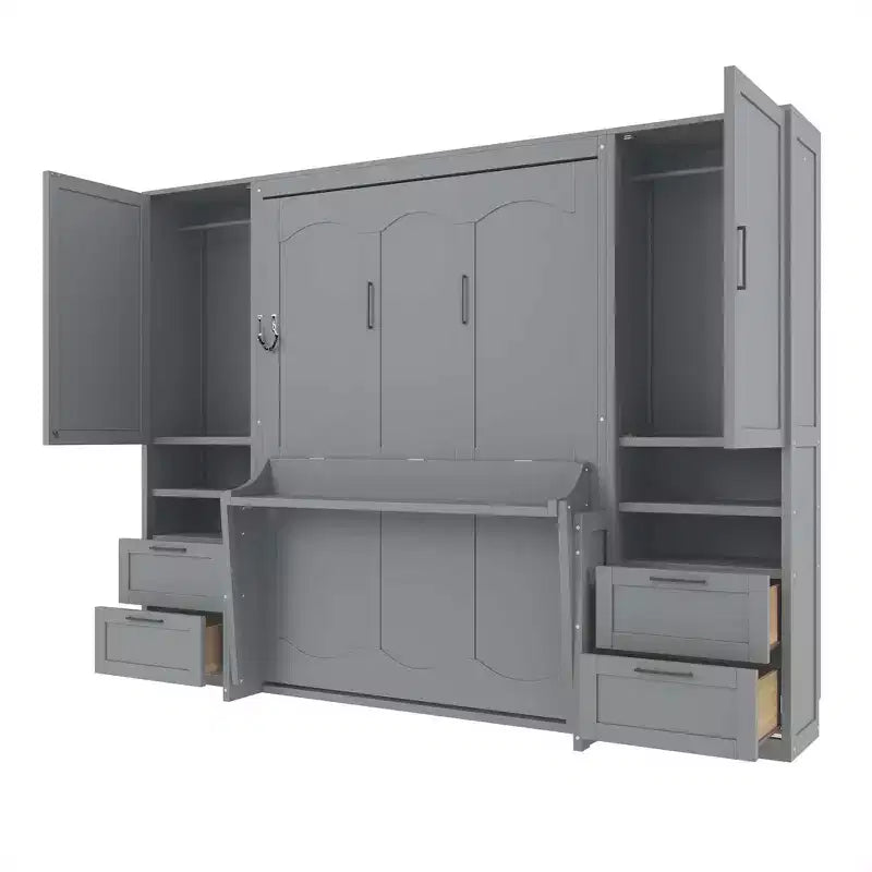 Lit mural escamotable complet Murphy avec placard, lit armoire pleine grandeur pliant avec tiroirs de rangement et étagères pour chambre d'amis/bureau