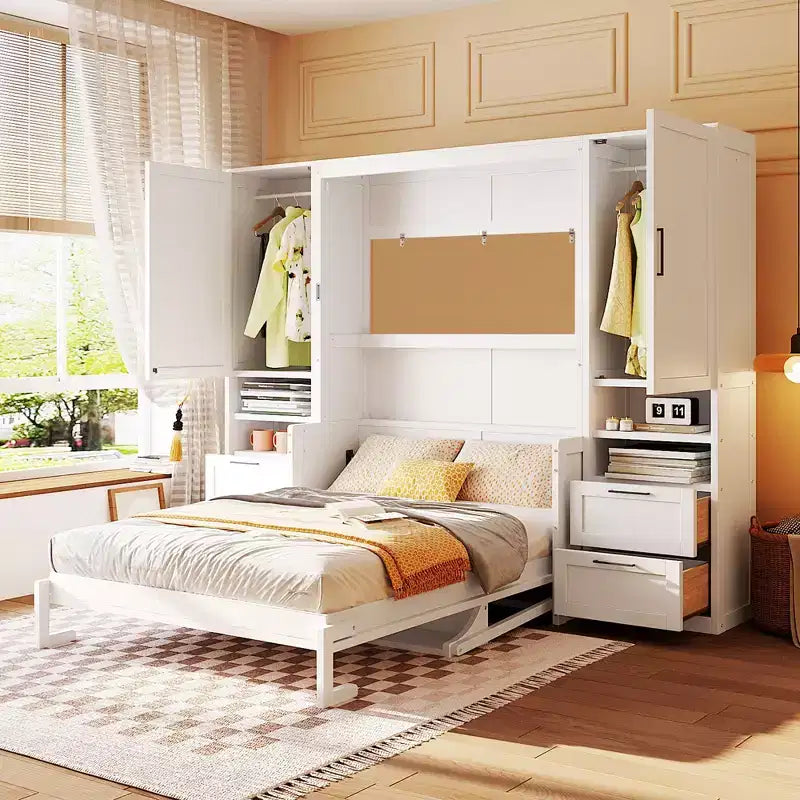 Lit mural escamotable complet Murphy avec placard, lit armoire pleine grandeur pliant avec tiroirs de rangement et étagères pour chambre d'amis/bureau
