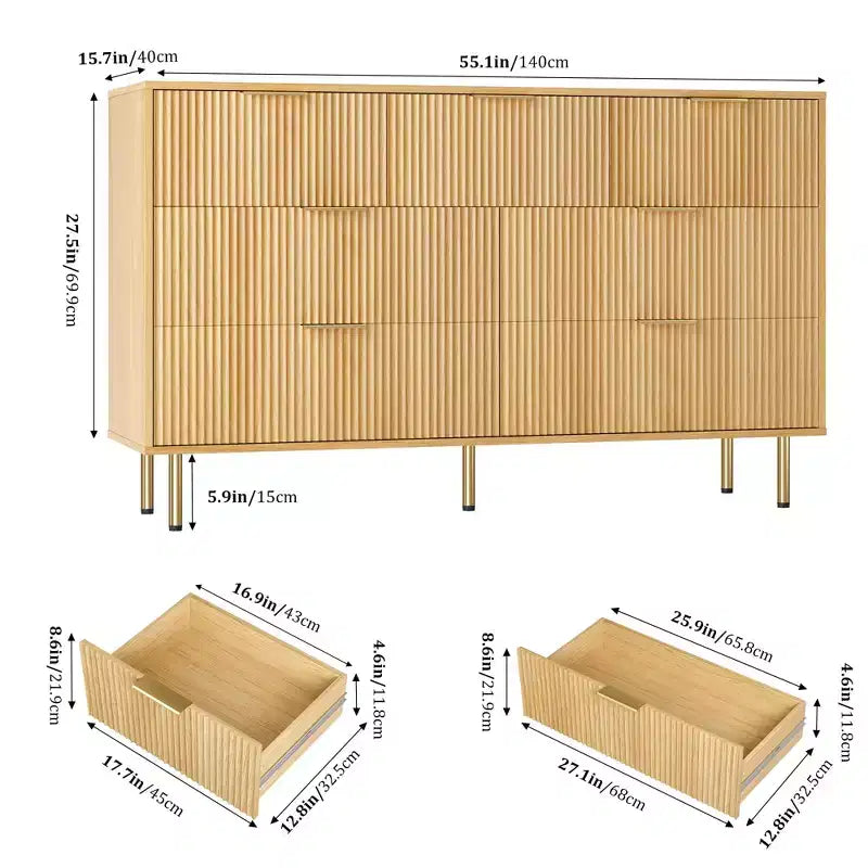 Commode 7 tiroirs cannelée avec poignées dorées, meuble de rangement moderne pour chambre à coucher, salon, couloir