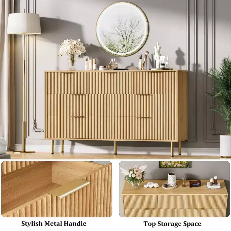 Commode 7 tiroirs cannelée avec poignées dorées, meuble de rangement moderne pour chambre à coucher, salon, couloir