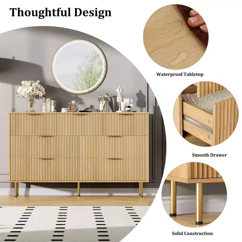 Commode 7 tiroirs cannelée avec poignées dorées, meuble de rangement moderne pour chambre à coucher, salon, couloir