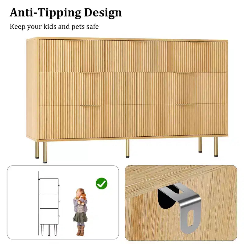 Commode 7 tiroirs cannelée avec poignées dorées, meuble de rangement moderne pour chambre à coucher, salon, couloir
