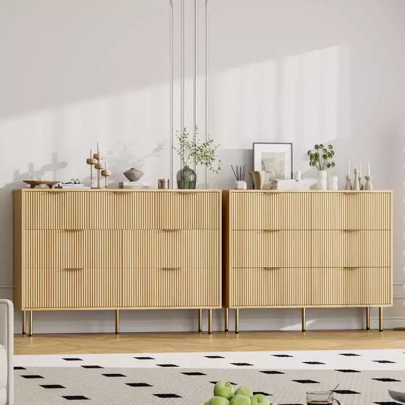 Commode 7 tiroirs cannelée avec poignées dorées, meuble de rangement moderne pour chambre à coucher, salon, couloir
