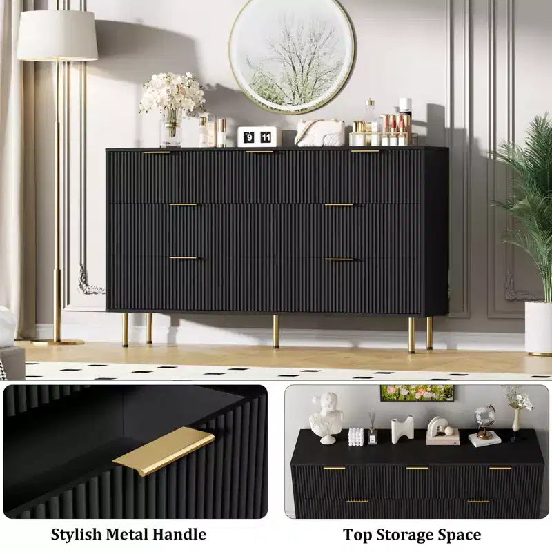 Commode 7 tiroirs cannelée avec poignées dorées, meuble de rangement moderne pour chambre à coucher, salon, couloir