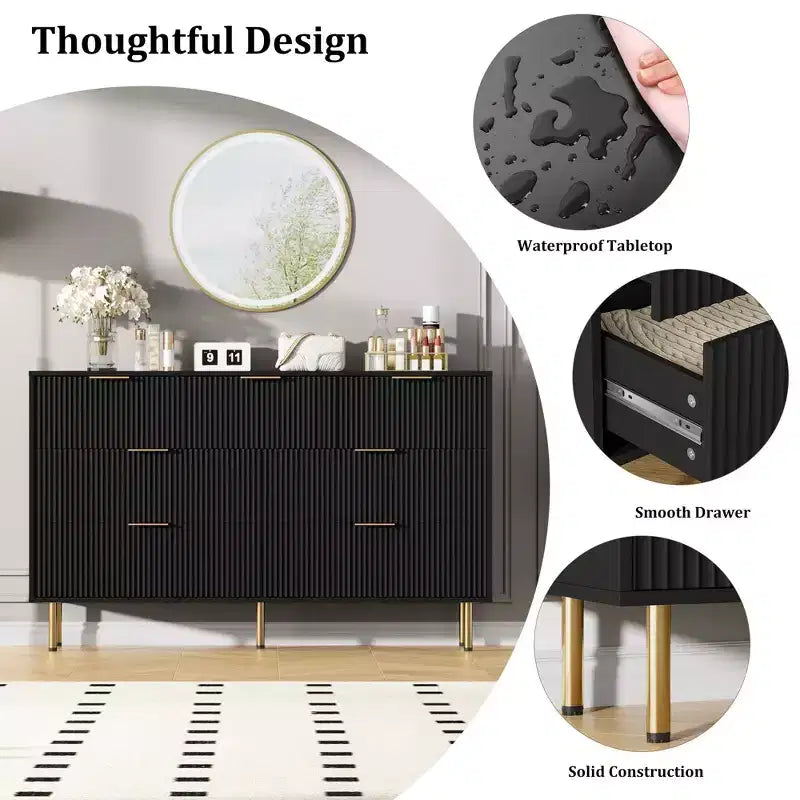 Commode 7 tiroirs cannelée avec poignées dorées, meuble de rangement moderne pour chambre à coucher, salon, couloir