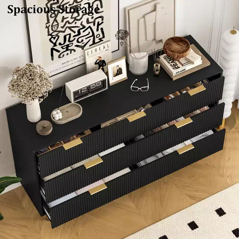 Commode 7 tiroirs cannelée avec poignées dorées, meuble de rangement moderne pour chambre à coucher, salon, couloir