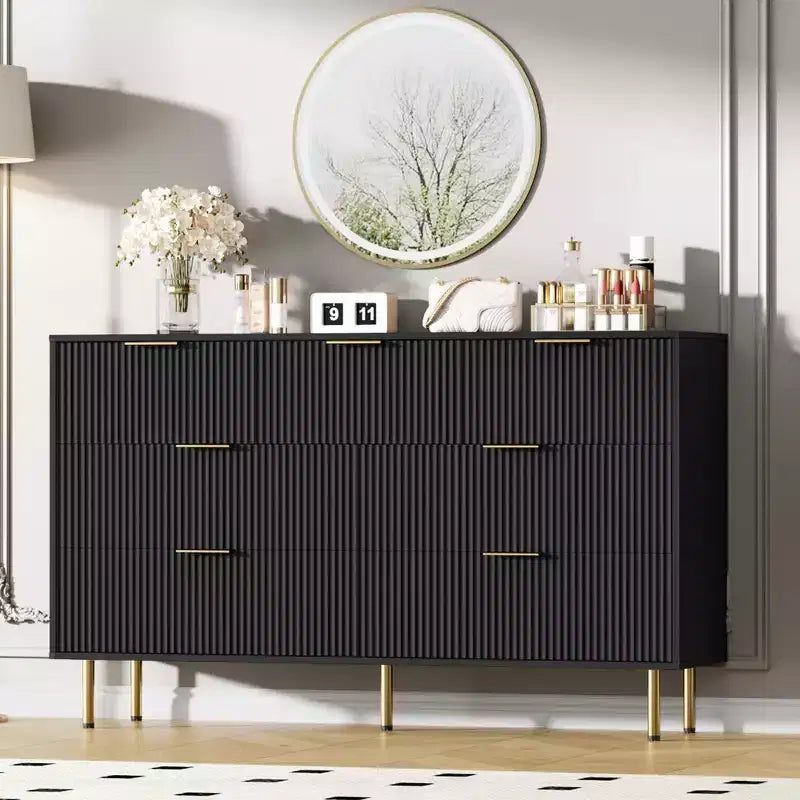 Commode 7 tiroirs cannelée avec poignées dorées, meuble de rangement moderne pour chambre à coucher, salon, couloir