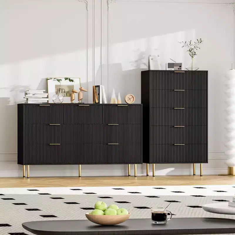Commode 7 tiroirs cannelée avec poignées dorées, meuble de rangement moderne pour chambre à coucher, salon, couloir