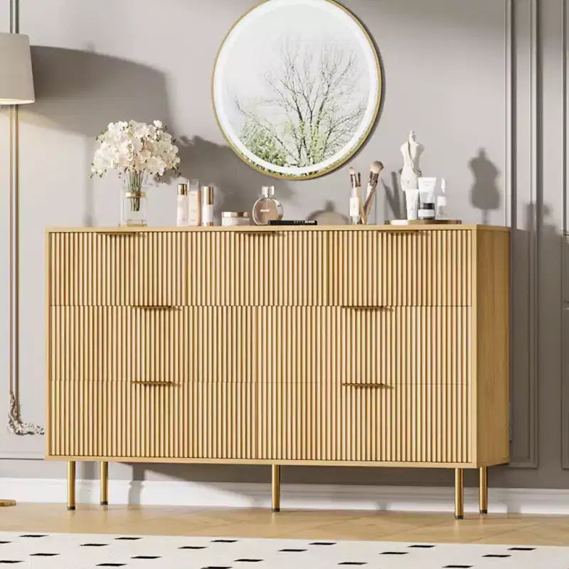 Commode 7 tiroirs cannelée avec poignées dorées, meuble de rangement moderne pour chambre à coucher, salon, couloir