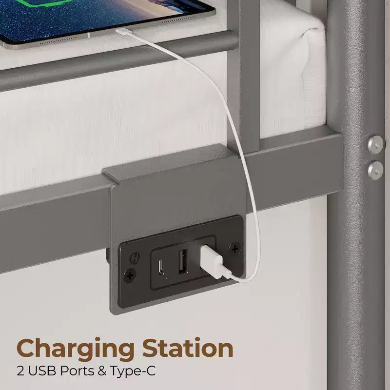 Lit superposé en métal, cadre de lit avec tiroirs de rangement et station de recharge et lumière LED, avec garde-corps de sécurité et échelles Noir