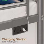 Lit superposé en métal, cadre de lit avec tiroirs de rangement et station de recharge et lumière LED, avec garde-corps de sécurité et échelles Noir