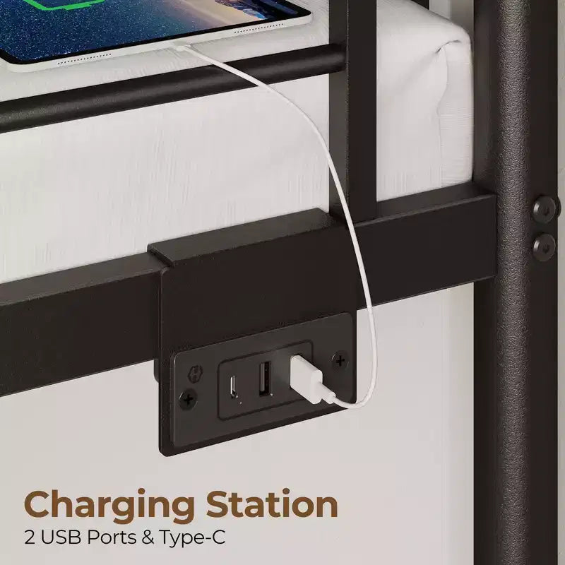 Lit superposé en métal, cadre de lit avec tiroirs de rangement et station de recharge et lumière LED, avec garde-corps de sécurité et échelles Noir