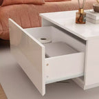Table basse à LED blanc laqué avec rangements multi-zones, tiroir et compartiments ouverts