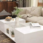 Table basse à LED blanc laqué avec rangements multi-zones, tiroir et compartiments ouverts